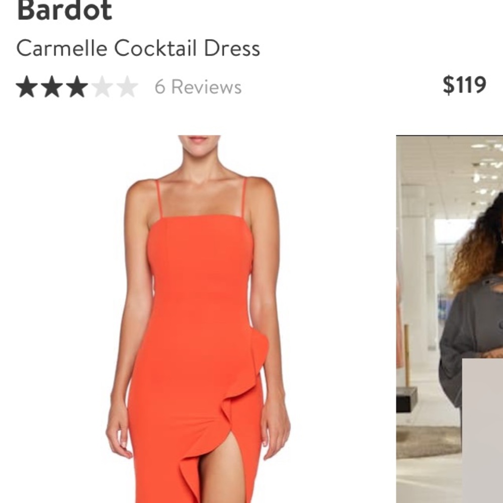 Bardot orange cocktail dress.
